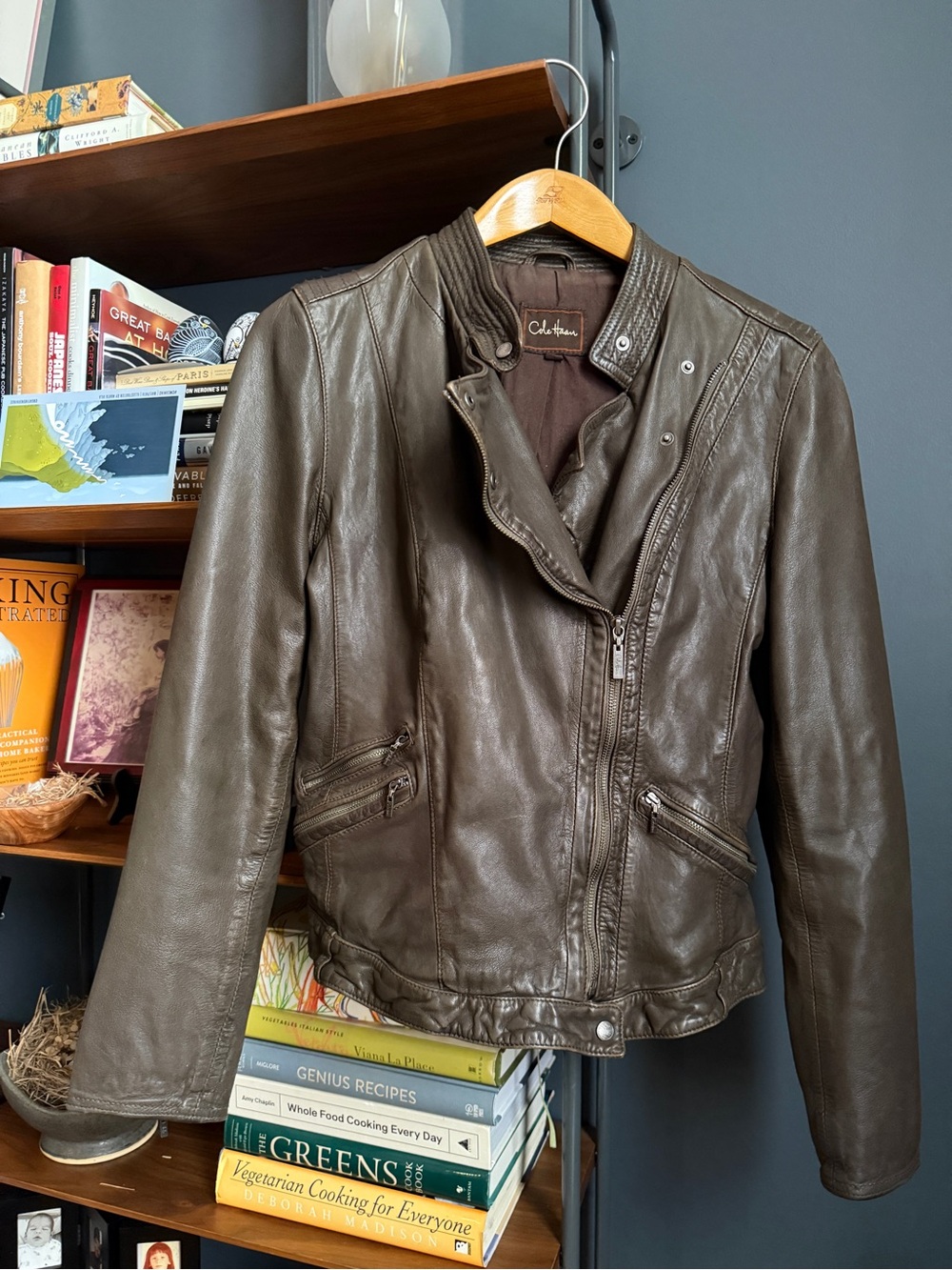 Asymmetrical Lambskin Moto Jacket Fully Lined Olive Green Medium Cole Haan